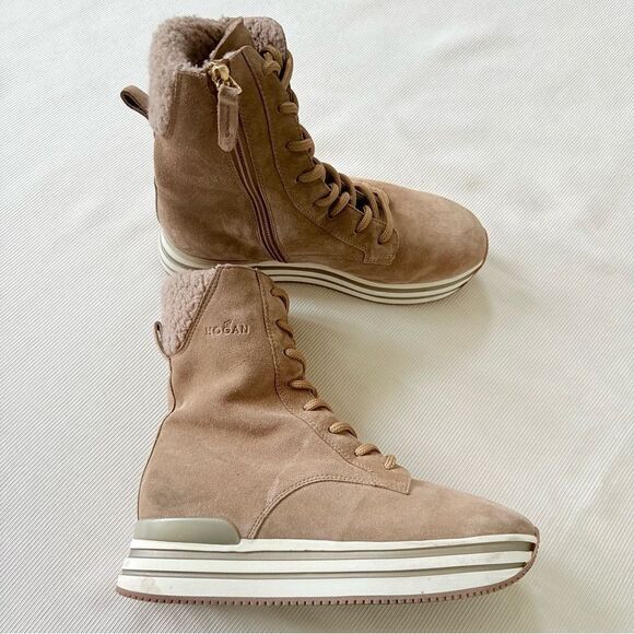 Hogan Womens Boots Ankle Fur Zip Lace Platform Winter Suede Brown 38.5 US 8.5 - Picture 1 of 8